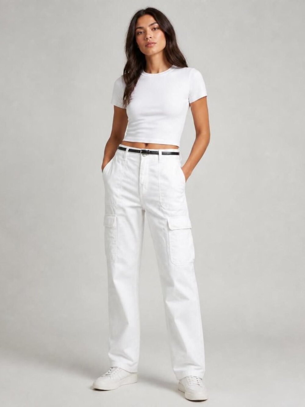 ZARA Women's White Cargo Pants Size 8 High-Waist Cotton Blend Utility Style Y2K